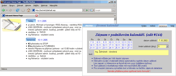 screenshot of intranet application Calendar