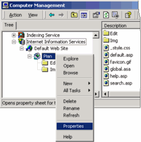 screenshot of IIS console, directory structure