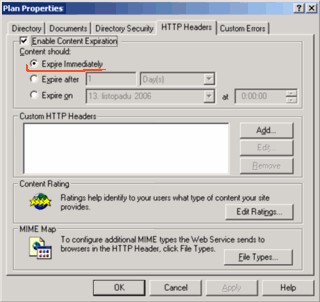 screenshot of IIS console, content expiration